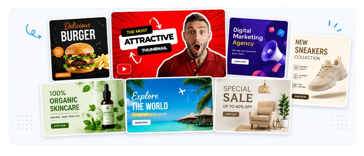 Canvix template showcase with social media posts, thumbnails, ads, and product graphics